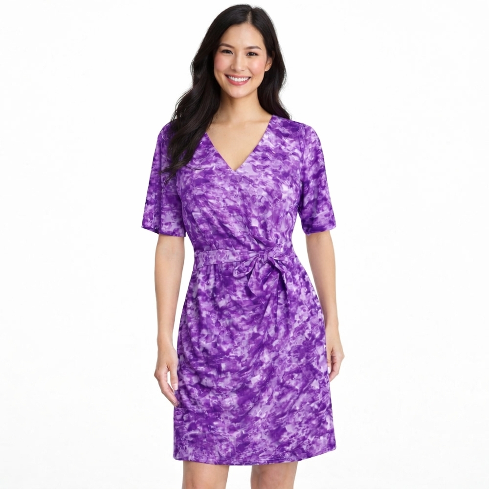 NYDJ Women's Purple Short Sleeve V Neck Tie Waist Dress Size 10
